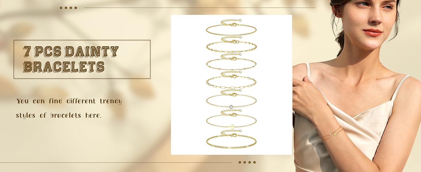 7 PCS Gold Bracelets for Women 14K Gold Plated Dainty Cuff Chain Set Waterproof Adjustable Thin Link Jewelry Trendy Stackable Bracelets Classic Gold & Silver Tones Hypoallergenic Safe Materials
