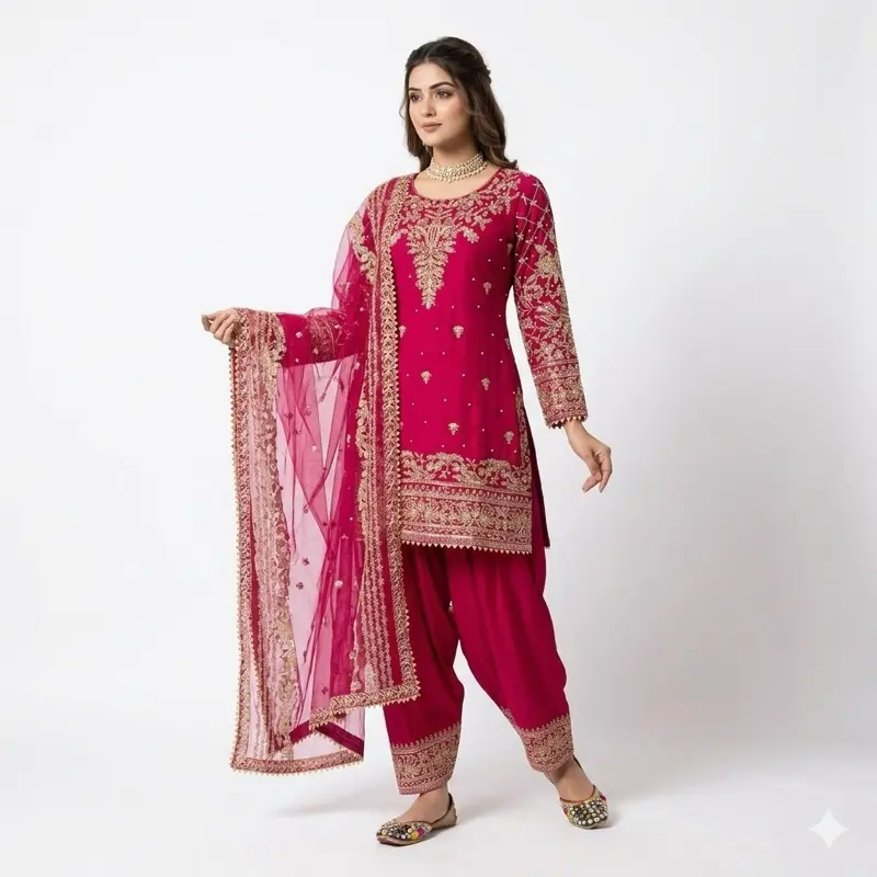Designer Wear Panjabi Suit in Hot Pink Color with Intricate Embroidery and Elegant Design for Casual Womenswear Summer Long Sleeve Dress Ethnic Wear Salwar Kameez