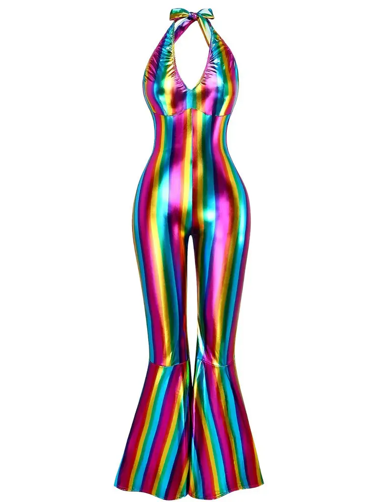 RETRO STAGE Women's 1970s Retro Look Disco Overalls - 100% Polyester, Sleeveless Halter Neck Hold, Rainbow Stripe Colorblock, Flared Bottoms Jumpsuit with Zip, Disco-Era Energy, BackToSchool (Do Not Bleach, Wash with Like Colors)
