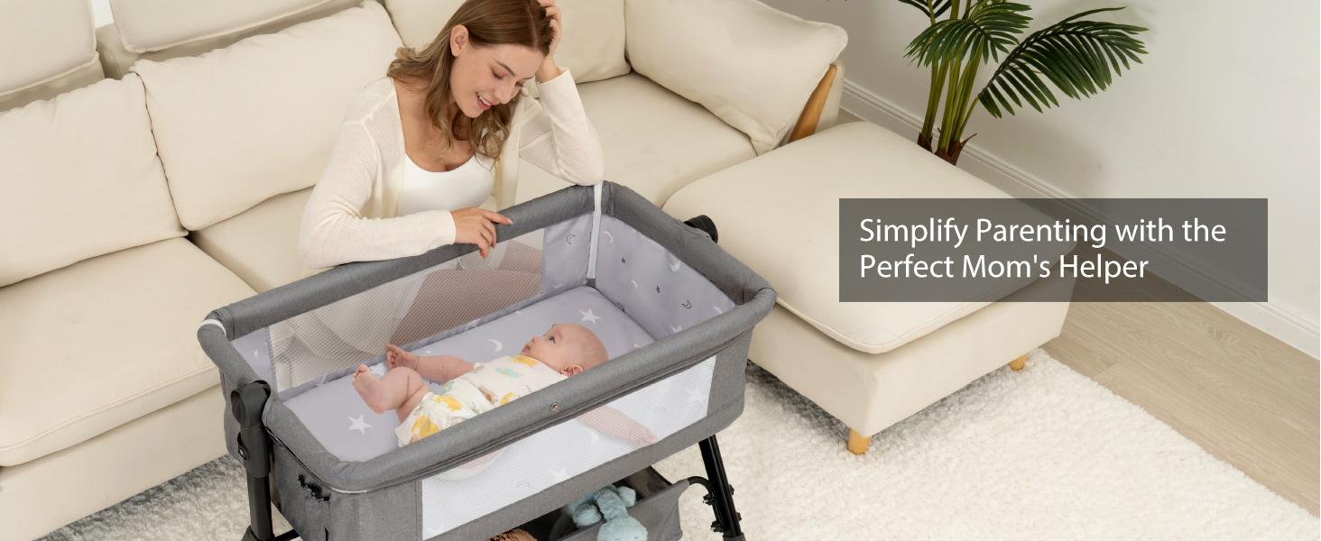 Baby Bassinet,  Crib for Infant and Newborn, Bedside Sleeper with Storage Basket and Mosquito Net, Easy to Fold, Height Adjustable, Portable Side Bed Crib portable