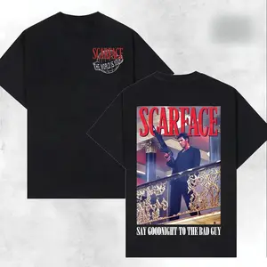 Scarface Graphic T Shirt 2 Sides Iconic Movie Tribute Film Fans Bold Black Tee Say Goodnight To The Bad Guy Quote Unisex Short Sleeve Streetwear Crewneck Soft Cotton Vintage Hip Hop Oversized Breathable Comfortable Cool Fashion Gift