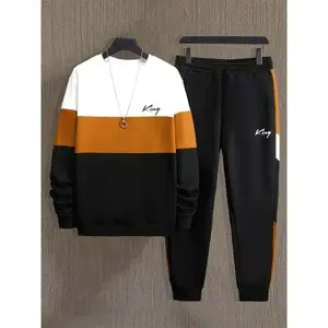 menswear KING Men's Casual 2pcs Set: Color Block Crew Neck Sweatshirt & Print Joggers - Polyester Knit, Regular Fit for Spring/Fall Sports Outfits Fathersdaygift Athletic Tracksuit（gift）