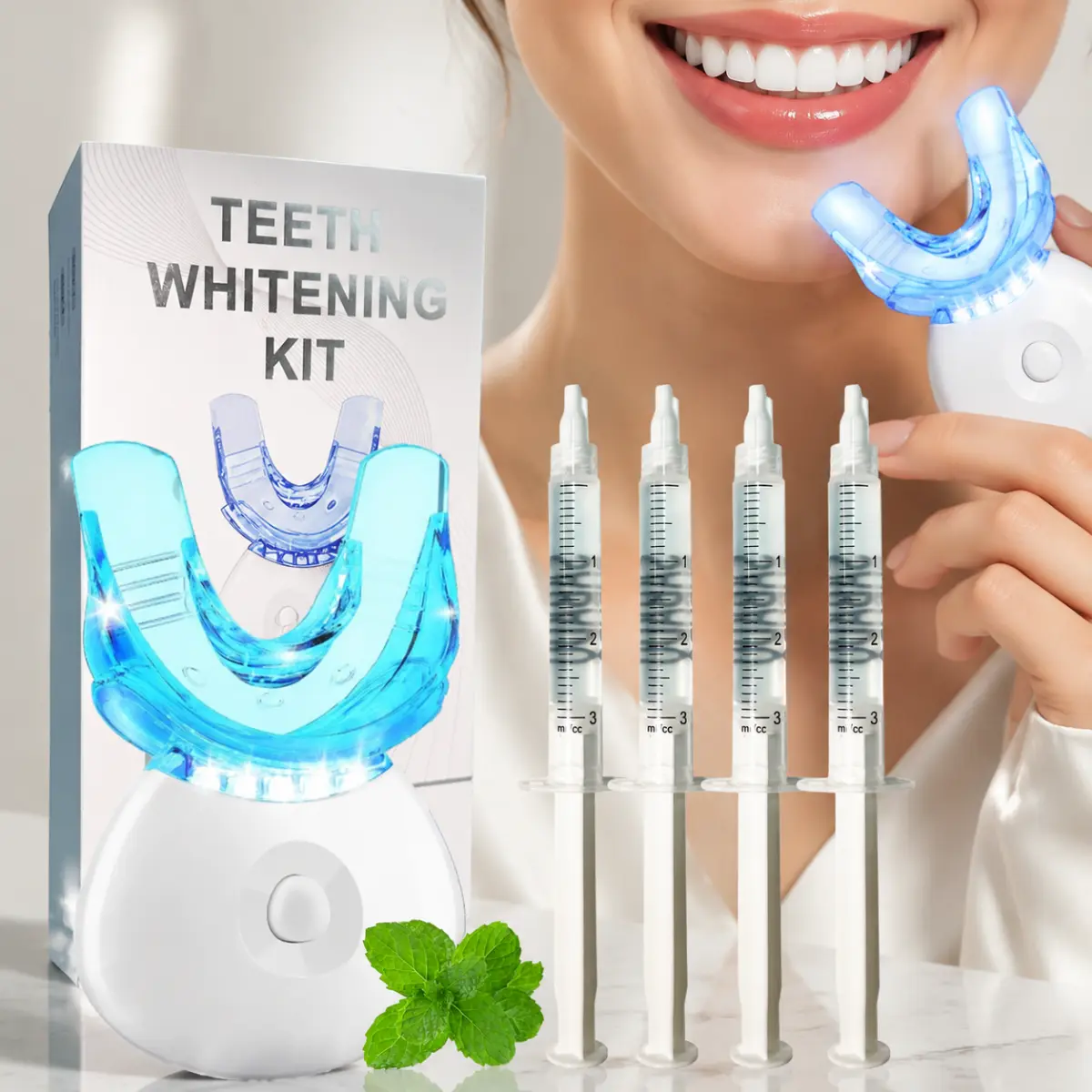 LED Teeth Whitening Kit for Sensitive Teeth, 10-Minute At-Home Treatment, 4 Carbamide Peroxide Gel Syringes, LED Light & Shade Guide, 3-Week Course, purple teeth whitening,whitening strips teeth,teeth whitening products,teeth strips whitening