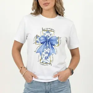 He Is Risen Cross Easter T-Shirt for Women, Blue Chinoiserie Floral Jesus Graphic Tee, Coquette Bow Christian Spring Shirt, Religious Gift