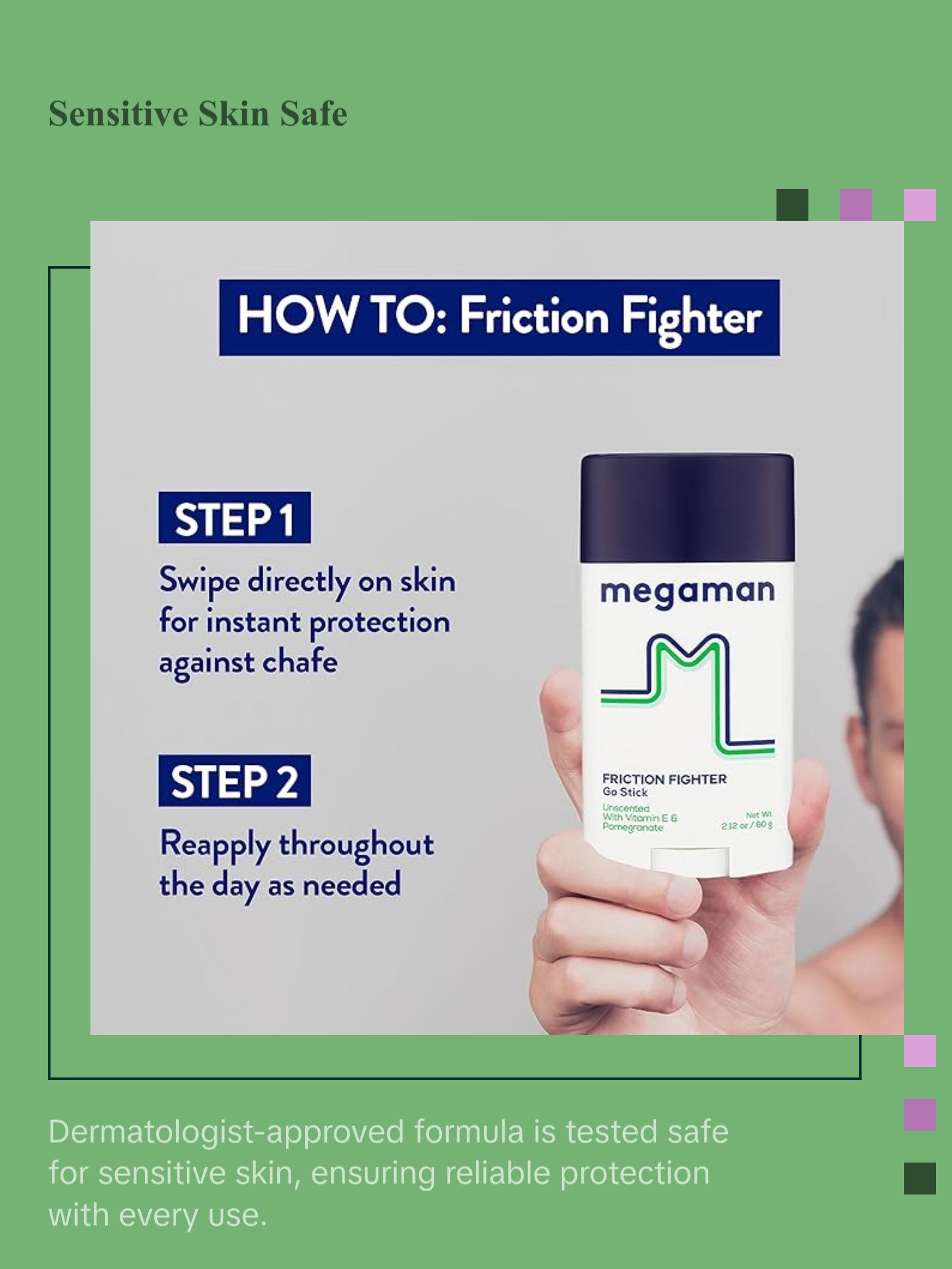 Megaman Friction Fighter Go Anti-Chafe Stick | Prevents skin chafe & irritation | Thighs, arms, & more | 2.12 oz