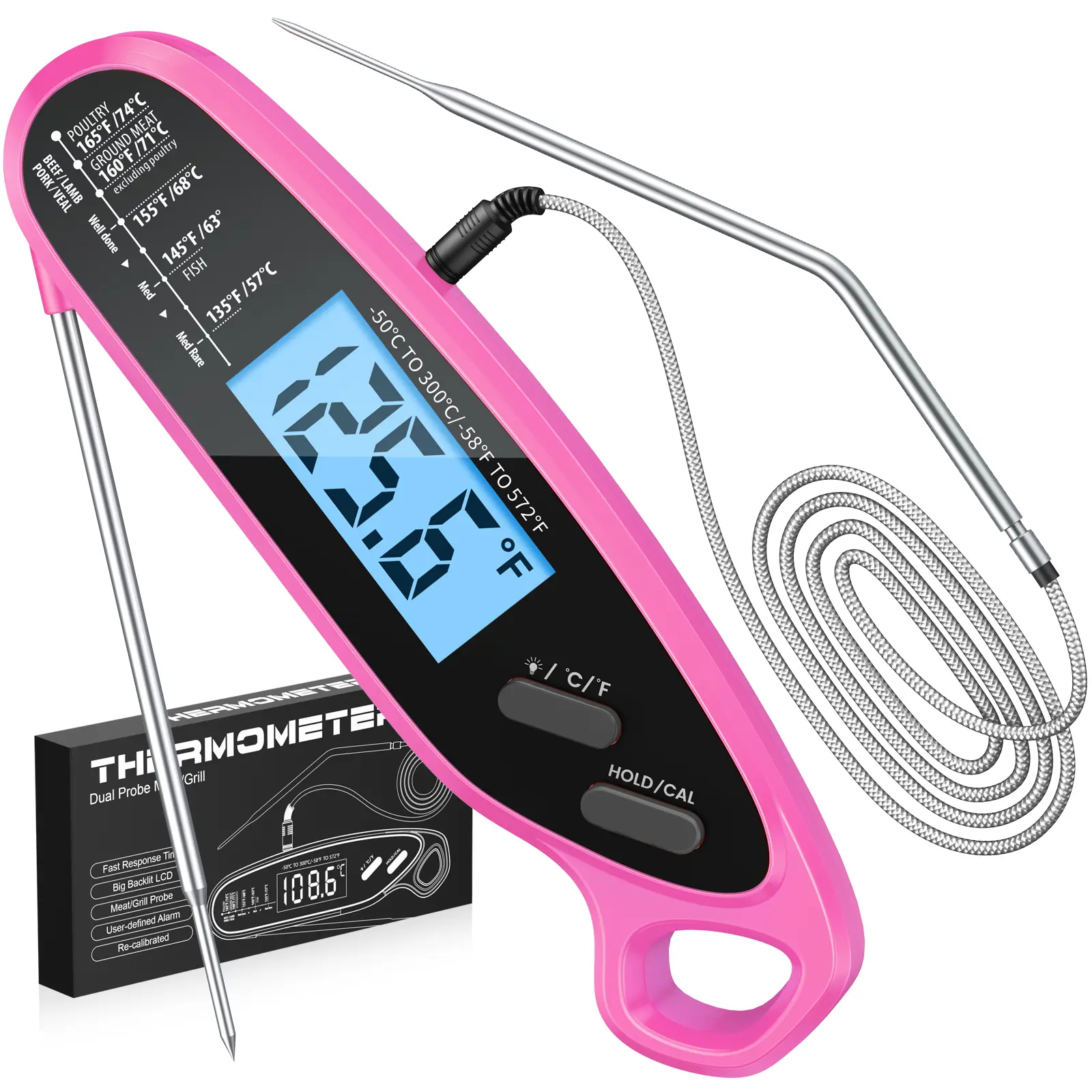 Instant Read Meat Thermometer Digital for Cooking & Grilling with Dual Probe, Large Backlit & Calibration, Kitchen Food Thermometer for Oven Grill Smoker BBQ Candy Oil Fry Turkey, Gifts for Men