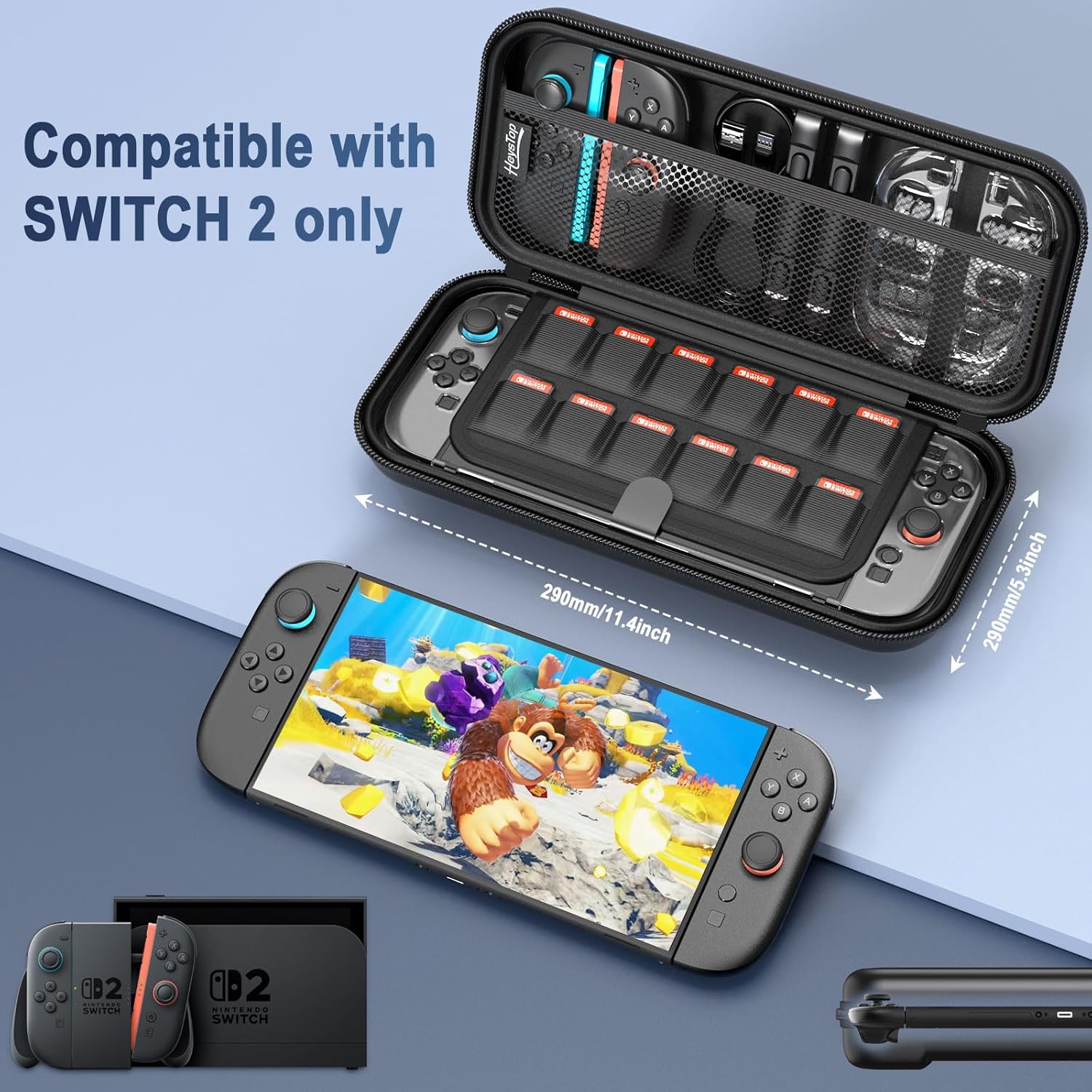 HEYSTOP Switch 2 Case Set - Protective Carrying Case with PC Cover & TPU Grip, Large Capacity for Accessories, HD Tempered Glass, Joystick Covers, Adjustable Console Protector
