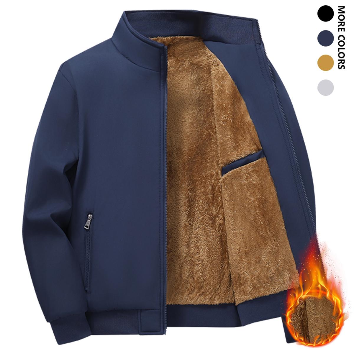 Men's Solid Color Zip Up Hooded Warm Fleece Lined Jacket, Regular Fit Casual Long Sleeve Front Zipper Coat, Suitable for Autumn and Winter, Men's Everyday Wear, Newly Designed Short Fleece Jacket for Autumn and Winter, Warm and Stylish Stand Collar Trendy