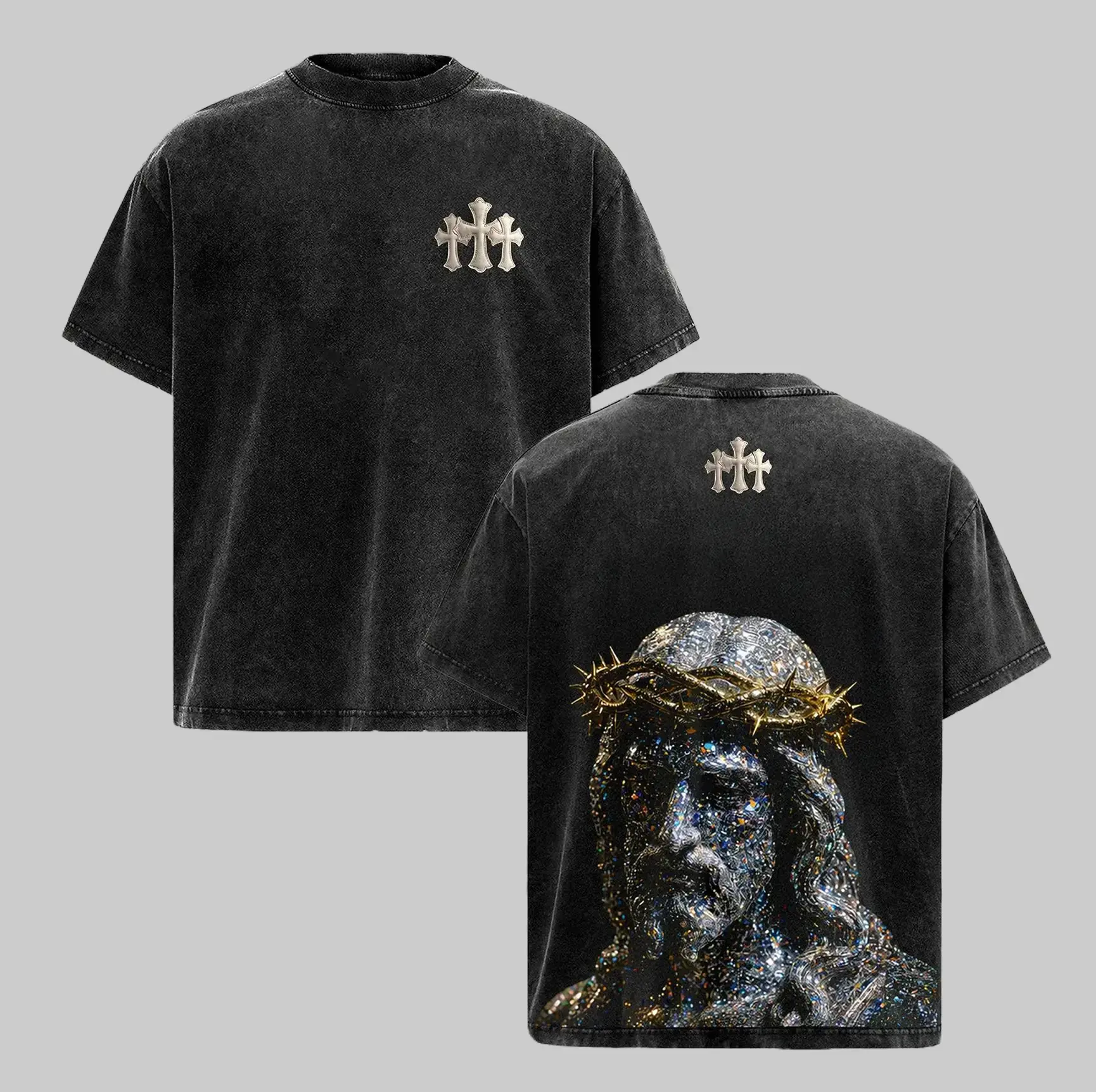 Vintage Acid Wash T-Shirt | Sparkly Rhinestone Jesus Back Print Tee | Gothic Cross Luxury Streetwear Top | Heavyweight Oversized Premium Cotton Shirt