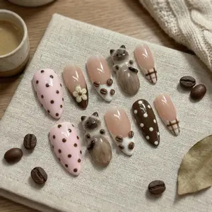 3D Cat Coffee Bean Press On Nails, Kawaii Handmade Latte Art Gel Nails