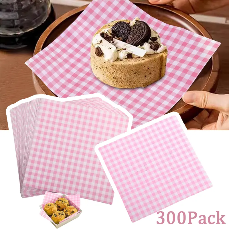 300PCS Waxed Deli Paper Sheets, Food Basket Liners for Sandwiches, Burgers, Checkered Deli Wrap Wax Paper Sheets, 7x7 Inch Pink