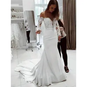 ElegantOff-ShoulderLaceLongSleeveWeddingDresswithBacklessDesignandBeltedWaist-Floor-LengthBridalGownforWomen,PerfectforWeddingsandFormalEvents,WeddingDressesforBrideWomenswearBasicWorkwearSolidMinimalistWhite