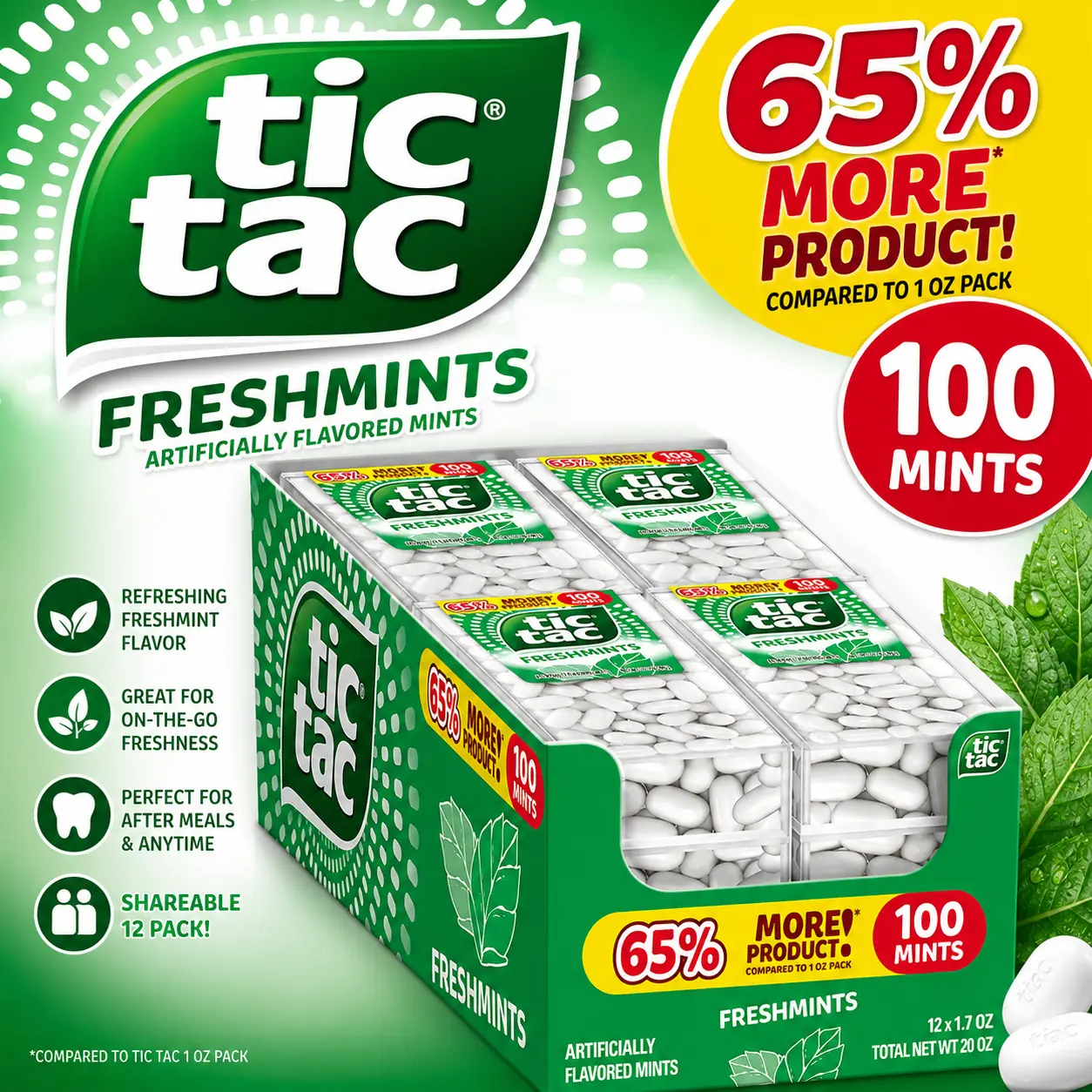Tic Tac Freshmint Breath Mints 1.7 oz 12 Pack ️ White Freshmint Mints | Gluten Free Pocket-Size Breath Fresheners
