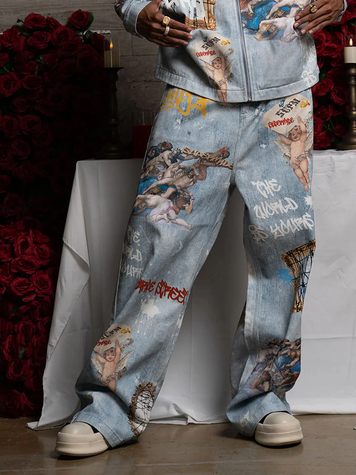 Thesupermade Graffiti Angel Print Patchwork Baggy Jeans | Retro Artistic Wide-Leg Streetwear Denim Men