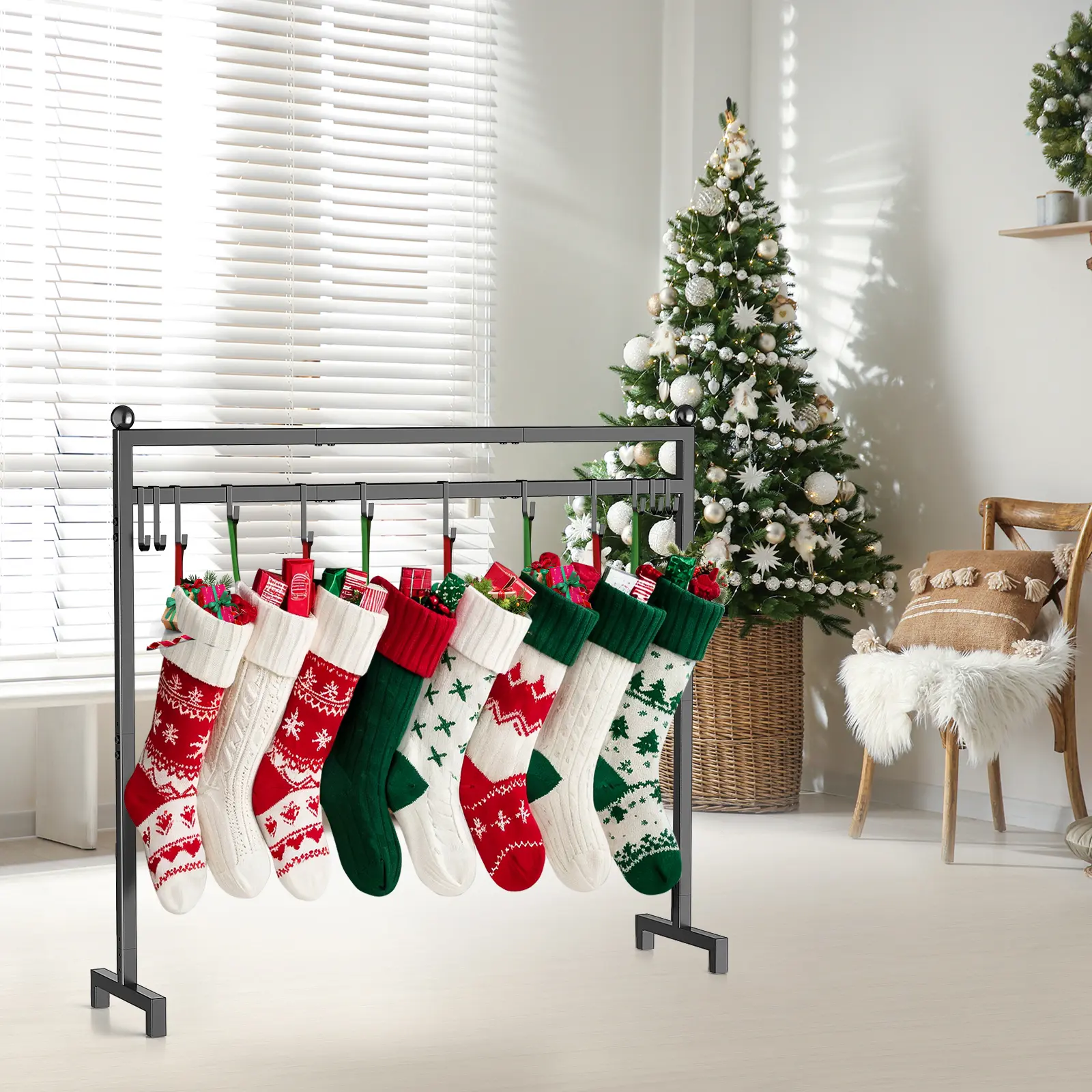 Christmas Stocking Holder Stand with 12 Hooks, Classic Metal Art Stocking Holder Stand Hangers - Easy Assembly and Stand