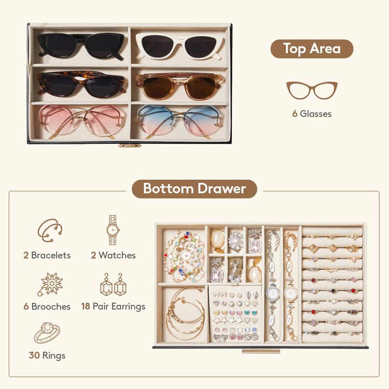 Lifewit 2-layer Jewelry & Sunglasses Organizer, Storage for Bracelet, Necklace, ring, Multiple Eyeglasses Display Case for Women Girl, Gift Idea