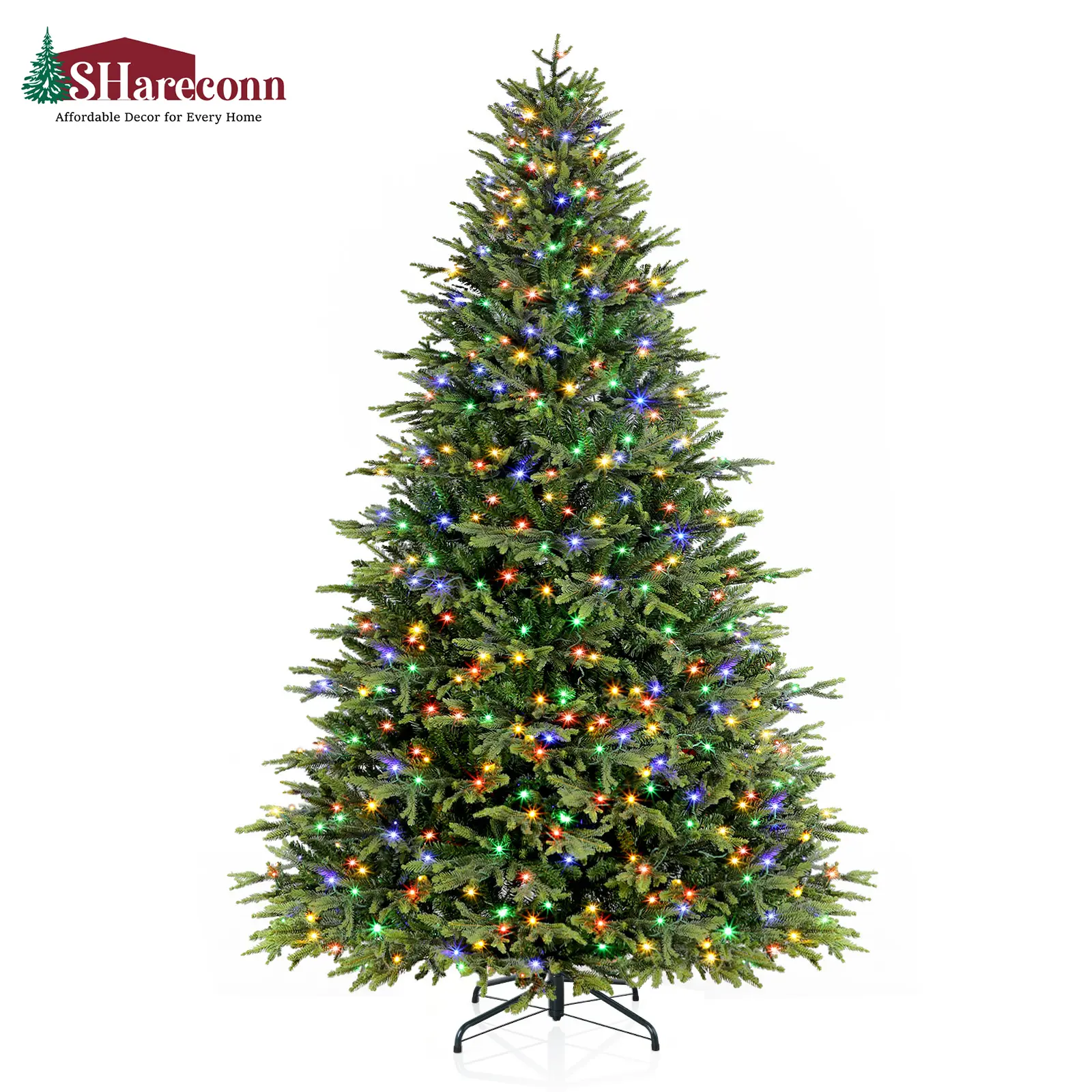 SHareconn 7.5FT Trunk-Powered Full-Lit Design, PE Artificial Christmas Tree with Warm White & Multicolor LED Lights, Realistic Podocarpus-Inspired Branches, UL Certified