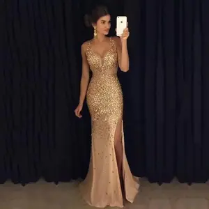 2025 Autumn Winter V Neck Prom Dress New Split Gold Foil Dress Long Dress Evening Gown Fabric Formal Womenswear Breathable