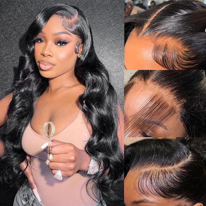 Bling Hair Body Wave Wigs Human Hair 13x6 Real Frontal Wig 180 Density HD Transparent Lace Front Wigs Human Hair Pre-Plucked Tangle-Free Natural Black for Women
