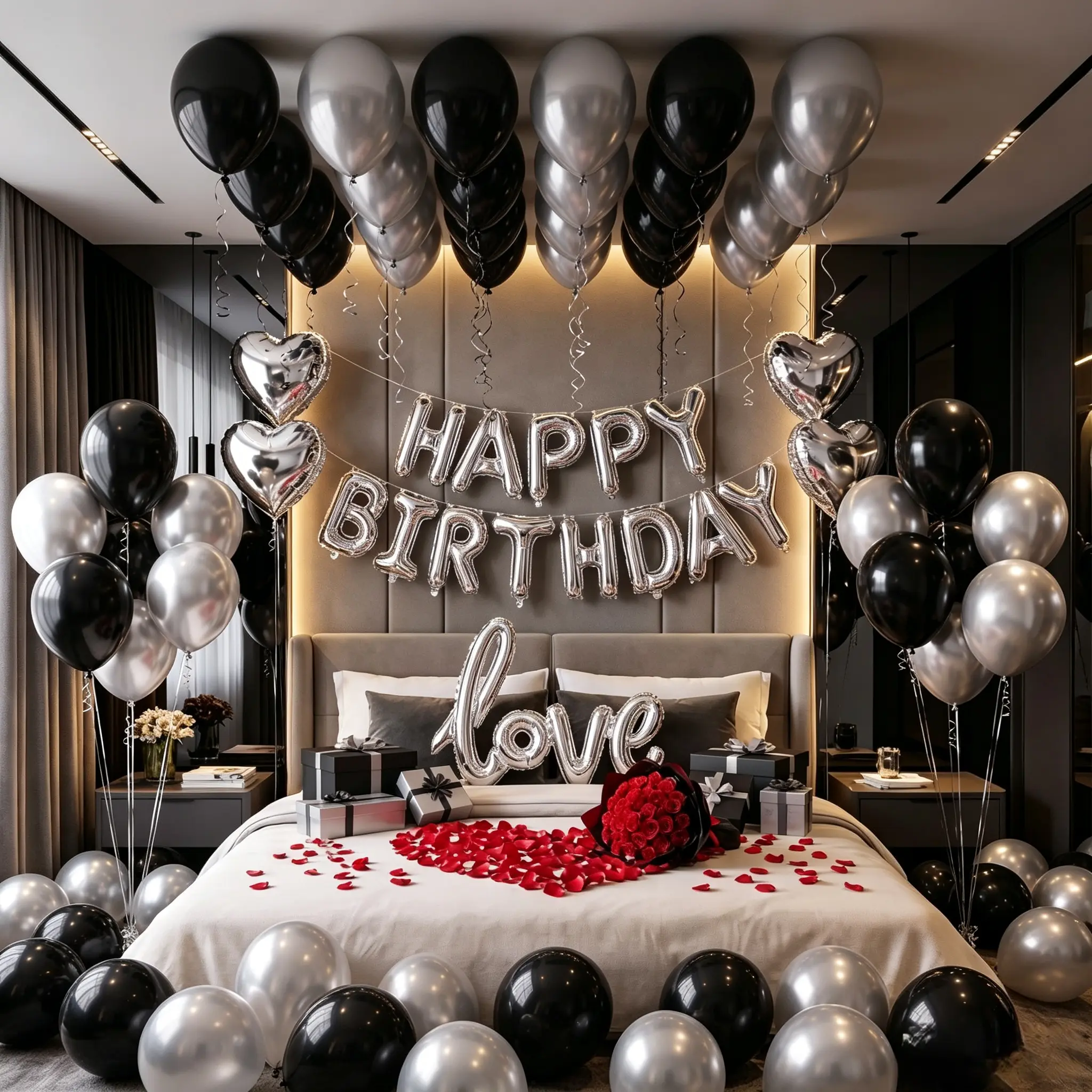 74pcs Birthday Balloon Set,boyfriend birthday gift 18inch Black And Silver Heart-Shaped Aluminum Foil Balloons And Latex Balloons, Suitable For Birthday Party Decoration, Indoor Wall Decoration Banner Celebration