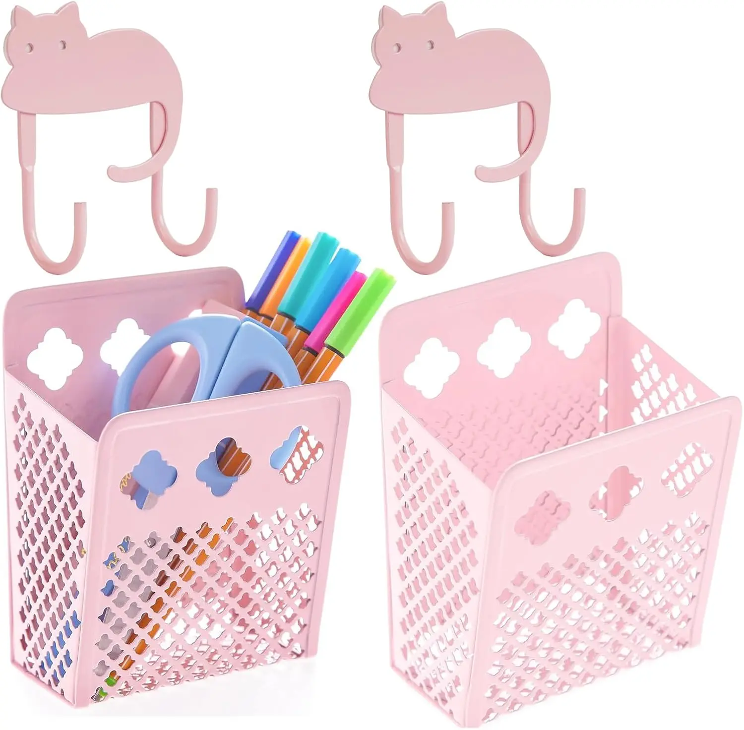 2 Pack Magnetic Pen Holder, Strong Magnet Organizer Dry Erase Marker Holder for Refrigerator, Whiteboard, Locker Accessories Home Office Hanging Pencil Holder with Hooks-Blush