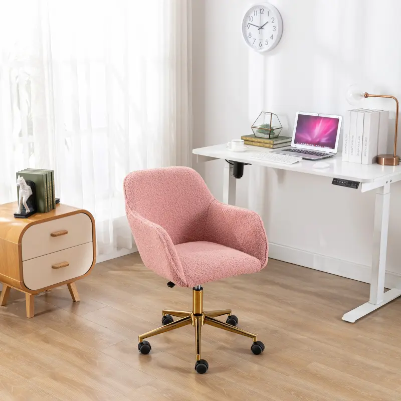 Pink Modern Teddy Upholstered Fabric Adjustable Ergonomic Chair - 360-Degree Swivel, Height-Adjustable, Gold Metal Legs, Universal Wheels for Home Office Use, Upholstered Fabric Chairs