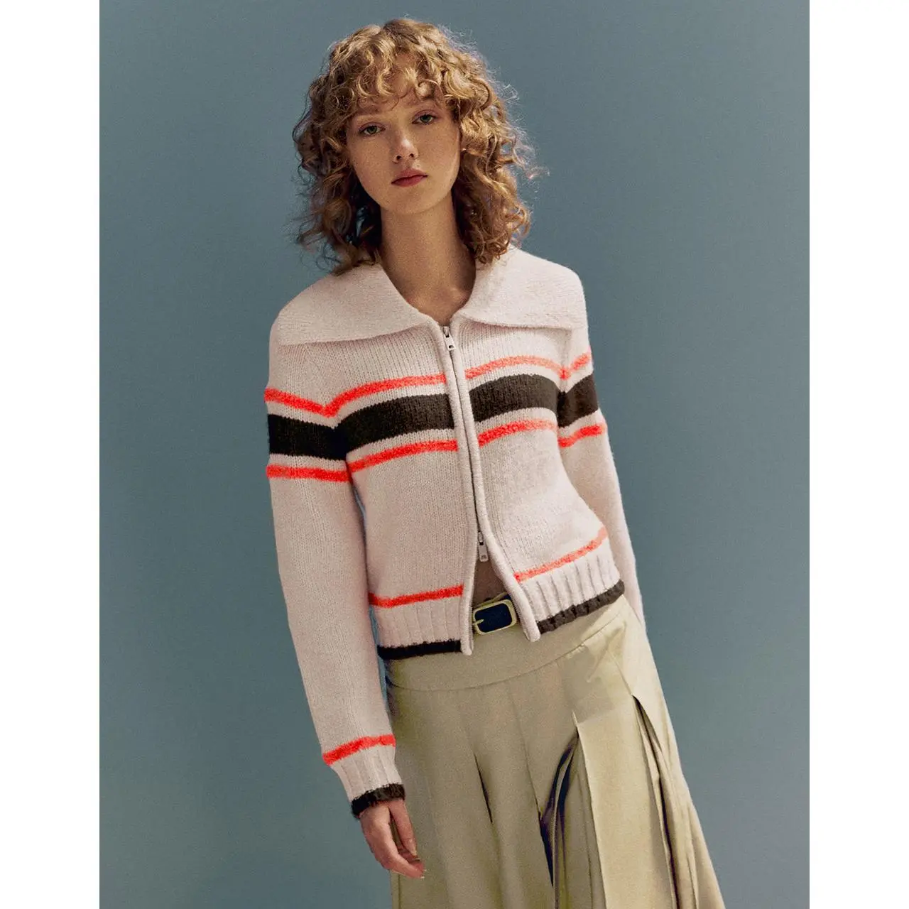 URBAN REVIVO Women's Striped Knitted Wool Mohair Blend Cropped Long Sleeve Collared Zip-Up Casual Wear Cardigan - Stretchy, Fitted, Comfortable Knitwear Top