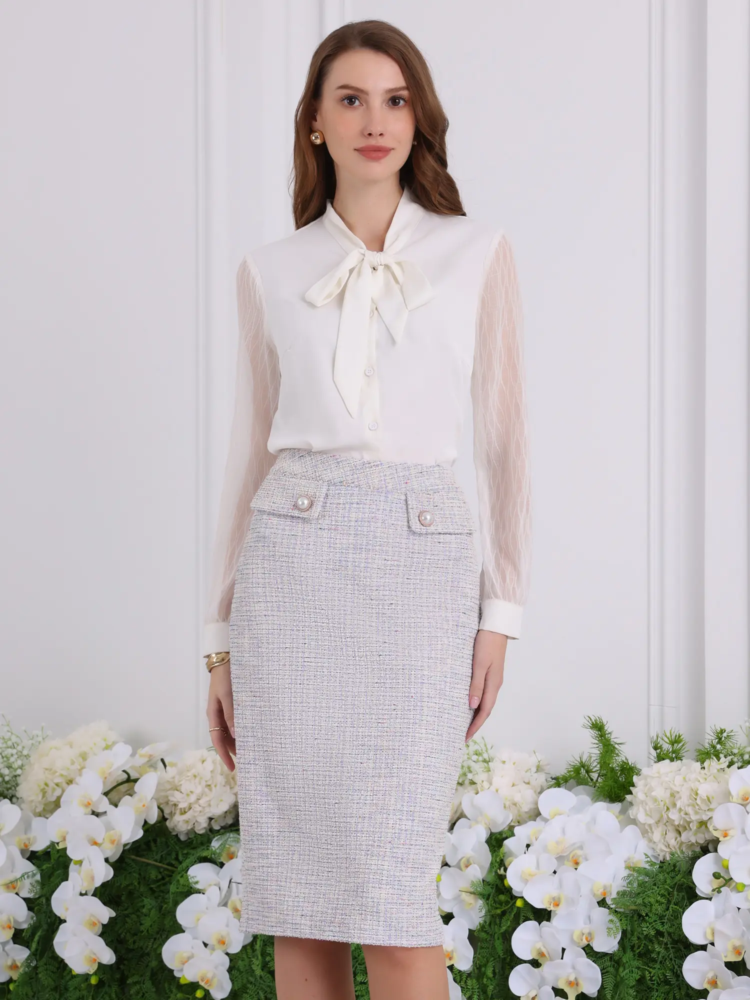 INSPIRE CHIC Women's Tweed Skirt High Waist Elegant Work Office Midi Pencil Skirts