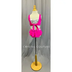 Custom Neon Pink Crop Top and Brief Two-Piece Set - Rhinestones