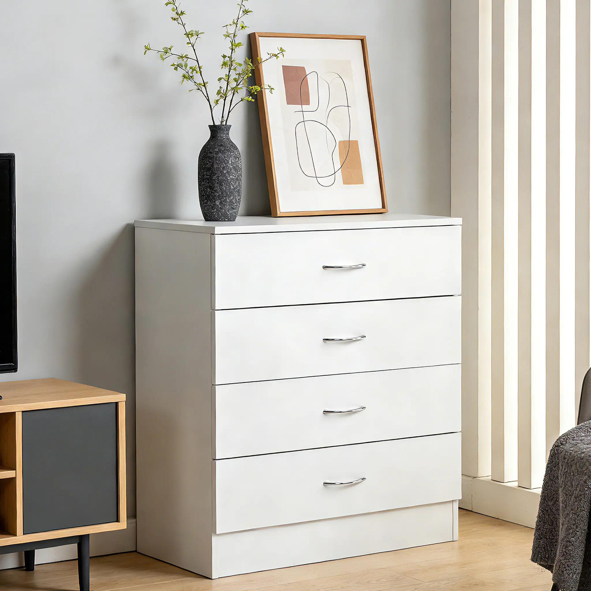 Pine Home 4-Drawer Furniture Dresser - Modern Storage Dresser with USB Charging Station, Outlets, White Small Storage Unit for Bedroom, Living Room
