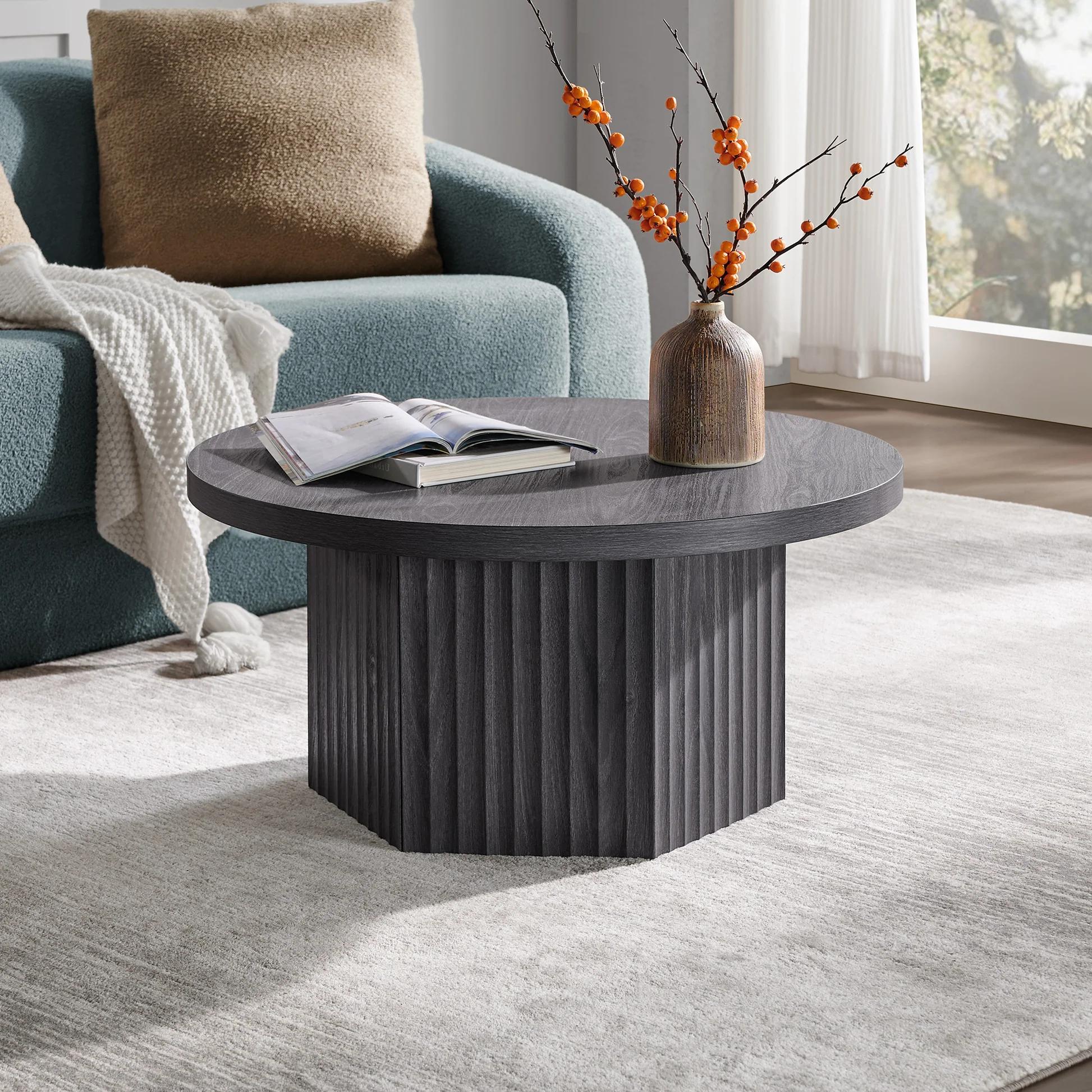 SICOTAS Round Coffee Table for Living Room, Modern Fluted Circle Center Coffee Table with Storage, 32" Accent Tea Dining Table for Apartment, Grey Alder