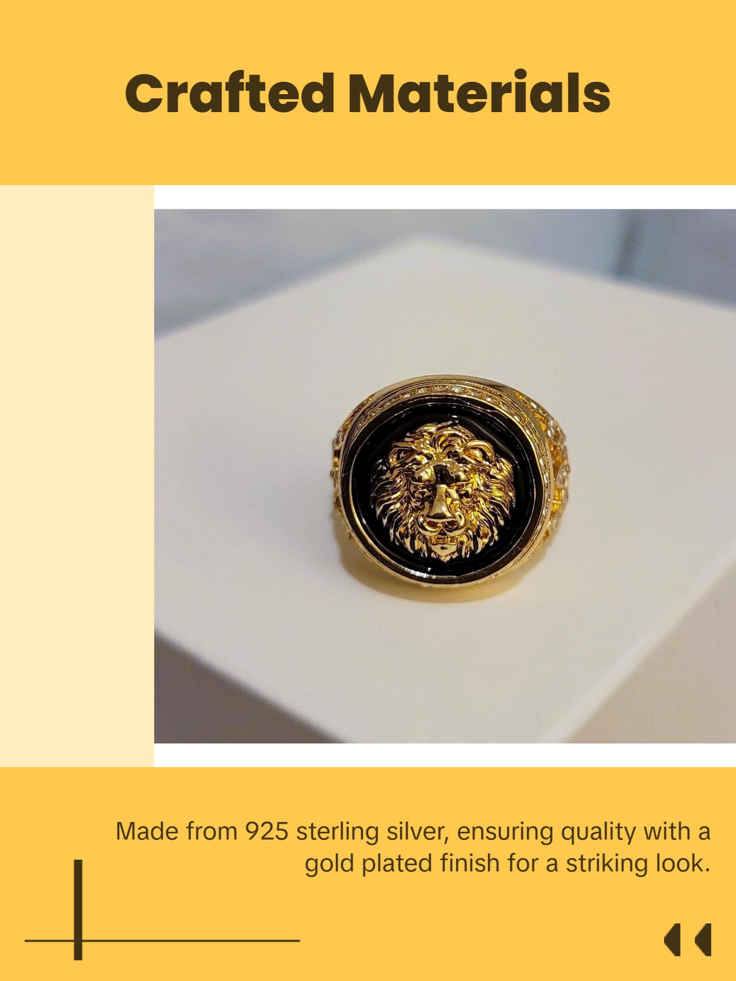 925 Sterling Silver Anillo Lion Head Gold Plated Men's Ring