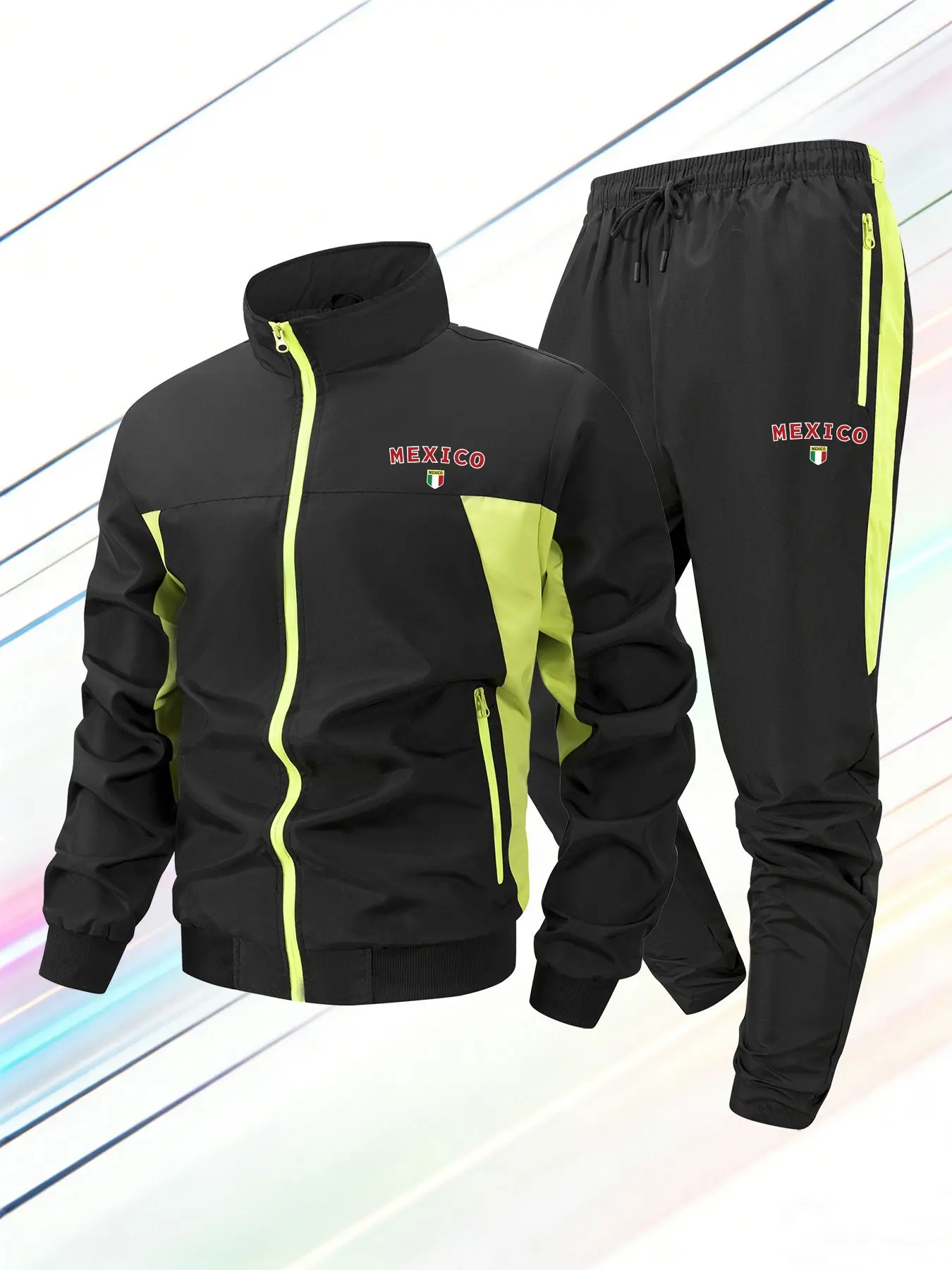 Men's Mexico Print Sportswear Set, All-Season Running & Warm-Up, Full Zip Design, Stand Collar Jacket + Drawstring Pants