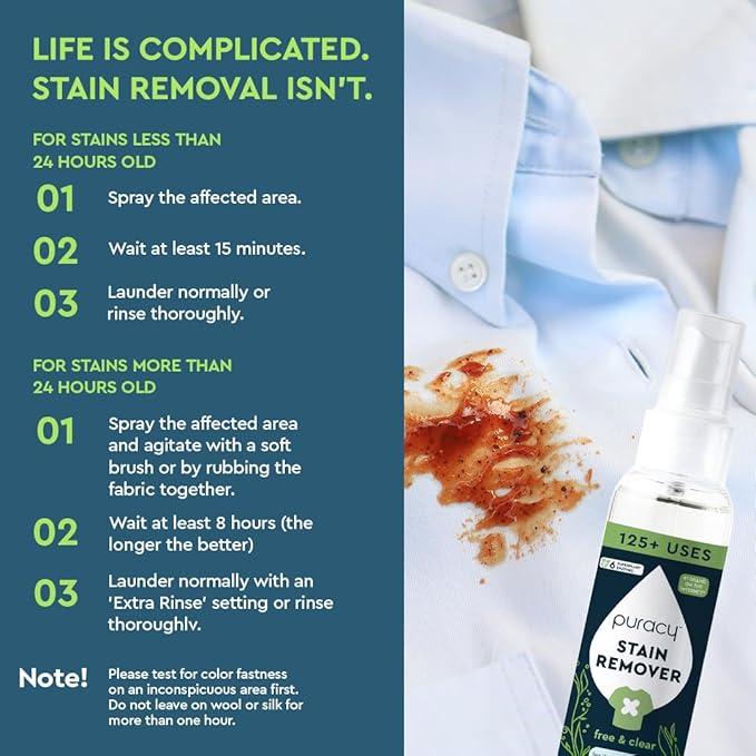 Puracy Stain Remover Spray Free & Clear 4 fl oz - Safe for Clothes & All Kinds of Cloth - 125+ Uses - Non Aerosol Liquid - Cleaning, Laundry, Fabric Cleaner