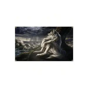 Tapestry Decor 1 piece Emo White Wolf Sitting Meme Flag Tapestry Werewolf Tapestries For Bedroom Printed Home Decoration Paintings Room Wall Hanging Posters