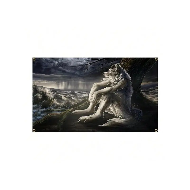 Tapestry Decor 1 piece Emo White Wolf Sitting Meme Flag Tapestry Werewolf Tapestries For Bedroom Printed Home Decoration Paintings Room Wall Hanging Posters