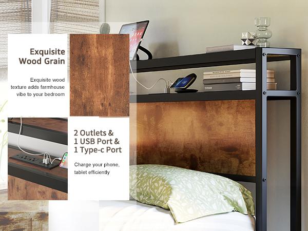 AMERLIFE Rustic Full /Queen/King Size Bed Frame,  Industrial Metal Bed Frame with 2-Tier Storage Headboard and Charging Station, No Box Spring Needed/No Mattress/Small Unique House Furniture Room