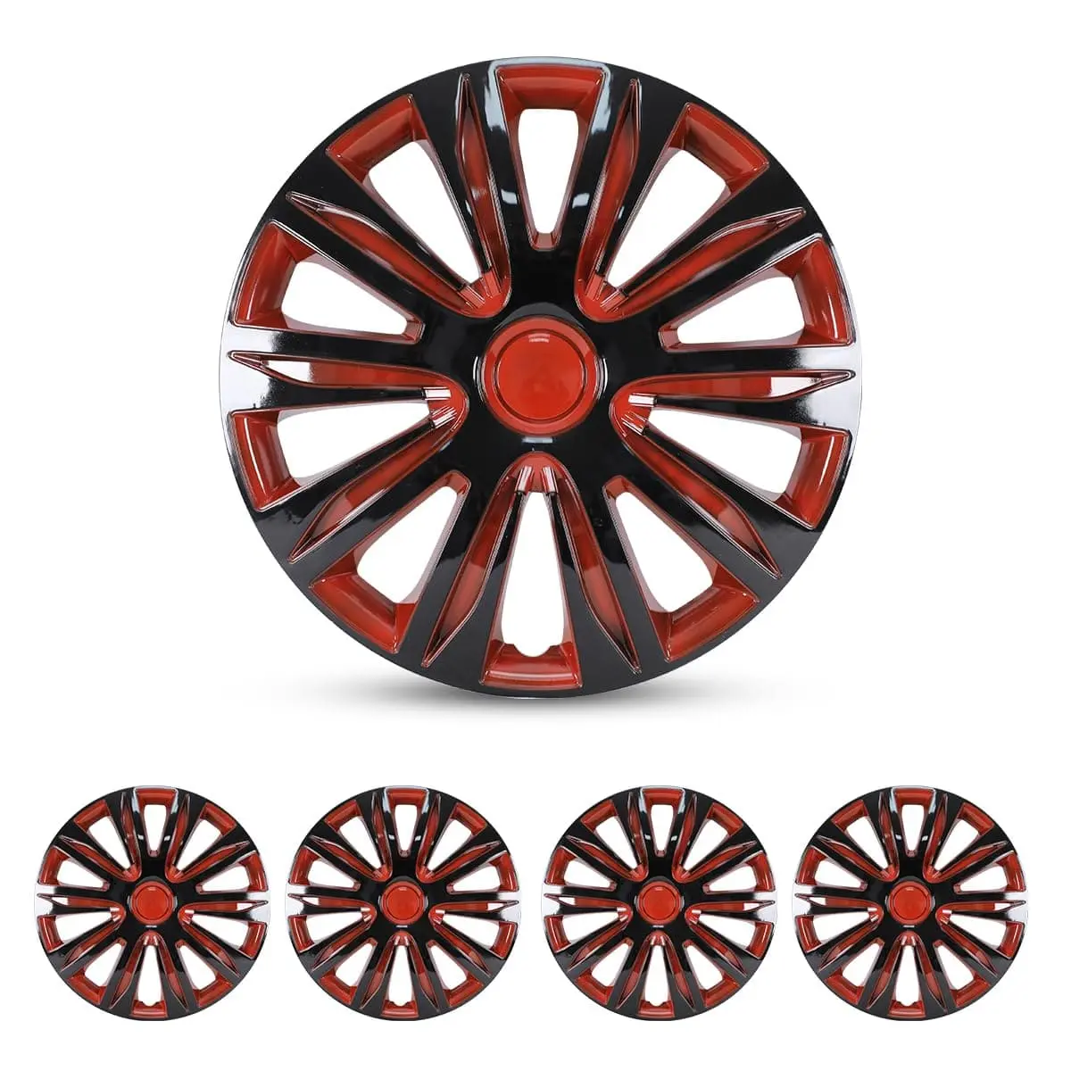 WOLFSTORM 16 in Set of 4 Hubcaps Wheel Covers - A-Grade Retention Ring, ABS Material, Adjustable Buckle, Fade & Powder Resistant Black Lacquer & Red-Orange Lacquer Car Parts Auto Accessories, Rim Caps, 4Cap Full Wheel Set, 4‑Cap Quick Install