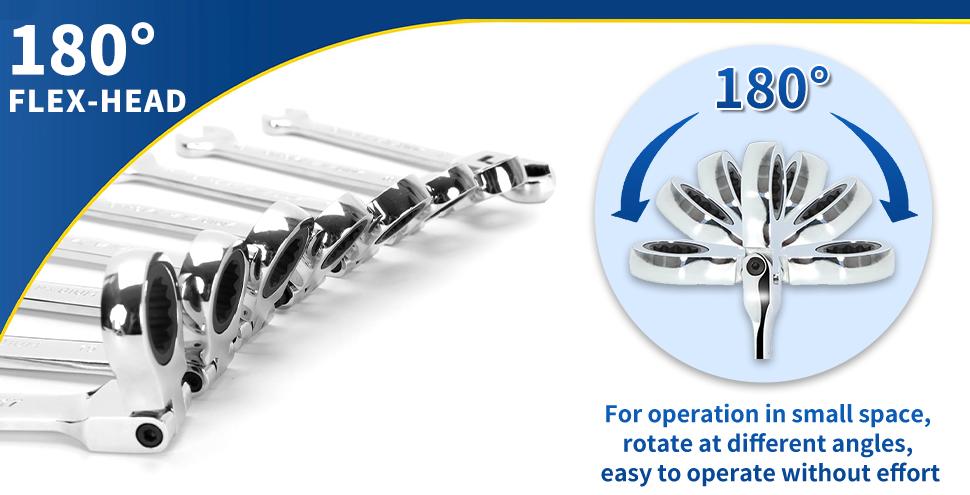 Ratcheting Wrench Set Flex Head, 12 Piece Metric Combination Ratchet Wrench kit, 8mm - 19mm Chrome Vanadium Steel Wrenches,Gift