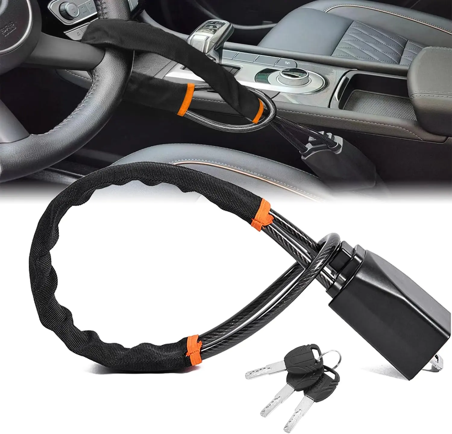 17" Universal Car Steering Wheel & Seat Belt Anti-Theft Lock, Compact Lightweight Security Device for Vehicles, SUVs | Multi-Function Keys (Black)