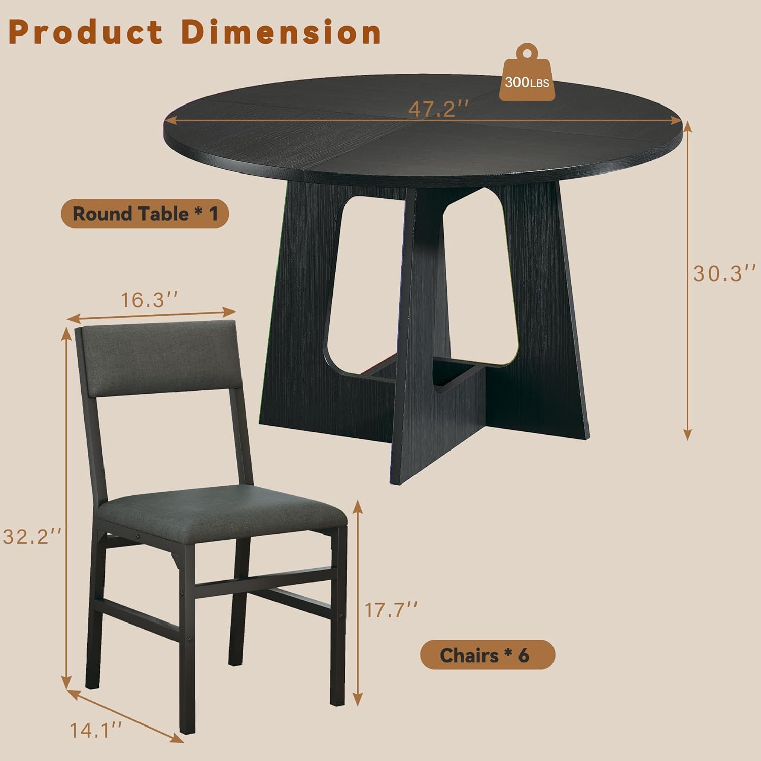 Round Dining Table Set for 6, 7-Piece Kitchen Table and Chairs for 6, 47'' Round Dining Room Table Set with 6 Chairs, Space Saving Dining Table with Wood Base for Kitchen, Living Room, Black Round Dining Table Set for 6, 7-Piece Kitchen Table and Chairs for 6, 47'' Round Dining Room Table Set with 6 Chairs, Space Saving Dining Table with Wood Base for Kitchen, Living Room, Black