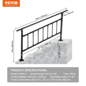 VEVOR Outdoor Stair Railing,  , Fits for 1-5 Steps Transitional Wrought Iron Handrail, Adjustable Exterior Stair Railing with Fence, Handrails for Concrete Steps with Installation Kit, Matte Black