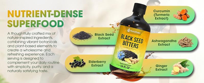 Black Seed Oil Bitters Liquid - Premium Herbal Blend with Black Seed Extract, Curcumin (Turmeric Extract), Ashwagandha, Elderberry, Probiotics, Vitamin C, Zinc...16 fl oz | Natural Botanical Blend Black Seed Oil Bitters Liquid - Premium Herbal Blend with Black Seed Extract, Curcumin (Turmeric Extract), Ashwagandha, Elderberry, Probiotics, Vitamin C, Zinc...16 fl oz | Natural Botanical Blend