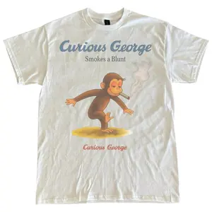 Curious George Smokes a Blunt Graphic T-Shirt - Vintage Graphic Tee – Menswear & Womenswear – Streetwear Tops – Casual Cotton Crewneck Shortsleeve T-shirt