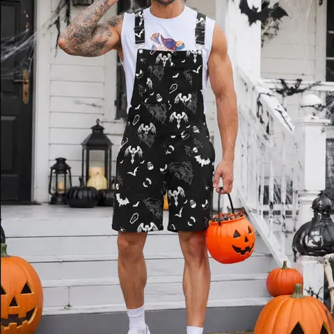 Halloween Men's Overalls, Spooky Season Bib Shorts, Bat Skull Spider Web Print Romper, Adjustable Straps, Multi-Pocket Party Costume Outfit Fall Vibes Menswear Y2K Fashion Clothes, Trick or Treat, Horror Gothic Style