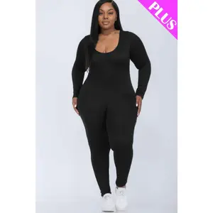 Women's Plus Size Jumpsuit, Comfortable Bodycon Fit with Long Sleeves & Scoop Neck, Soft Stretchy Jersey Fabric for Day to Evening Wear