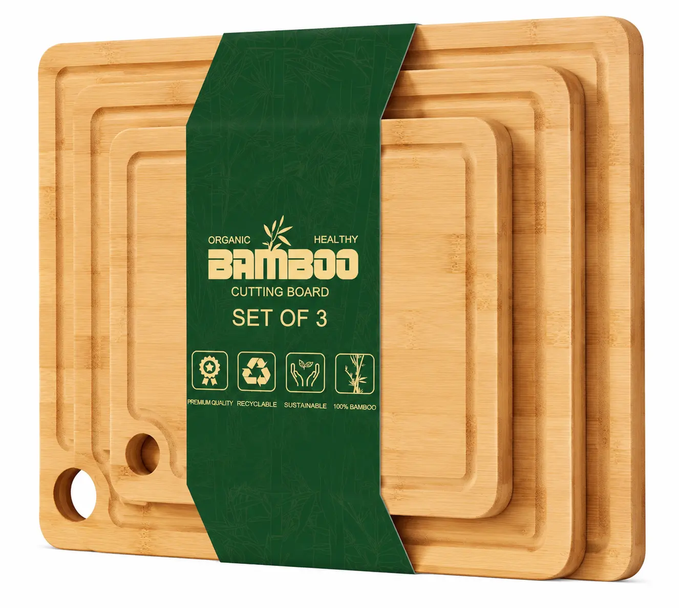 AISOON 3-Piece Eco-Friendly Square Bamboo Cutting Board Set - Non-Toxic Wooden Chopping Boards with Juice Groove, Handles, Bisphenol A (BPA)-Free for Knives, Meat, Fruits Serving