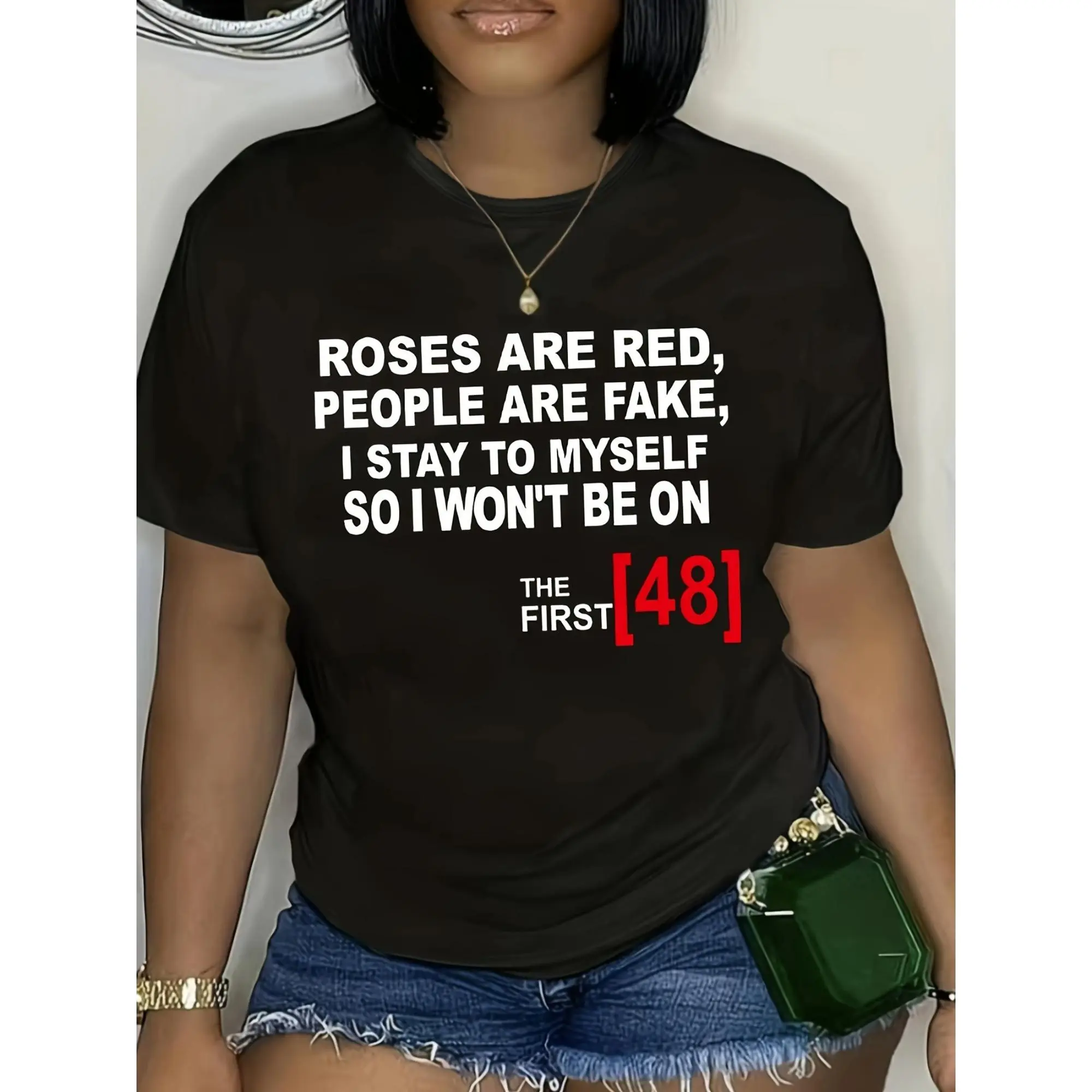 Women's Casual Short Sleeve T-Shirt with Bold Letter Print - Crew Neck, Black, "I Stay to Myself" Quote, Spring & Summer Essential, Casual Wear |       Stylish Casualwear |       Knitted Texture, Ladies T Shirts