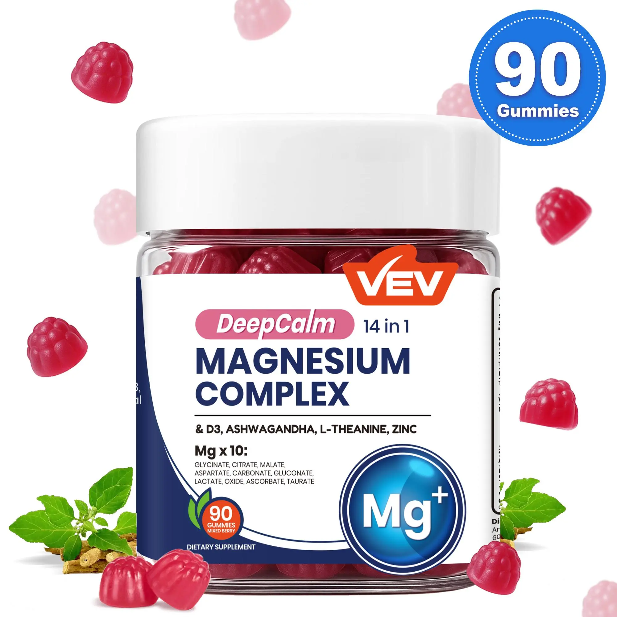 VEV Magnesium Gummies, DeepCalm 14-in-1 Multi-Minerals Complex with Ashwagandha, L-Theanine, D3 & Zinc, Brain Supporting Supplement, 90 Count, Prop 65 Safe