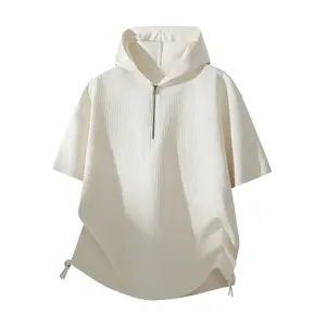 New hooded half-zip short-sleeve T-shirt; men’s outdoor short-sleeve sun-protection jacket; trendy brand half-zip pullover short-sleeve top; high-quality breathable outdoor hooded short-sleeve jacket for teens